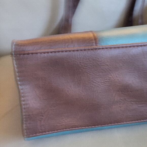 Classic Teal and Brown Tote Bag with Brown Faux Leather Accents - Picture 13 of 13